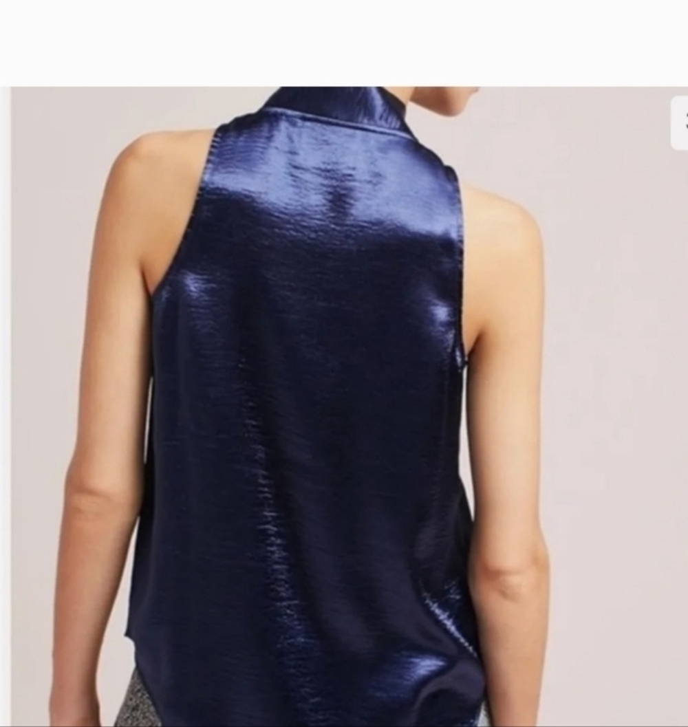 Anthropologie Maeve Navy Satin Tie Neck Sleeveless Swing Blouse Top 2P - Picture 12 of 16